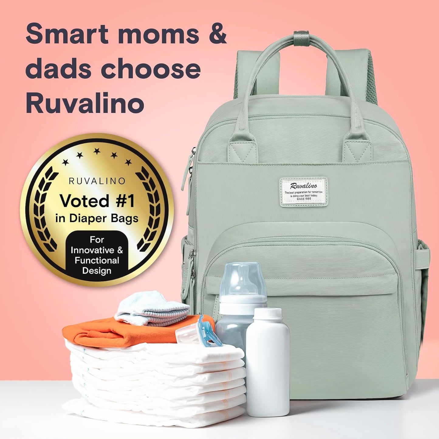 a mint green backpack with baby items on a table with text: 'Smart moms & dads choose Ruvalino RUVALINO Voted #1 in Diaper Bags Fo Innovative & Functional Design'
