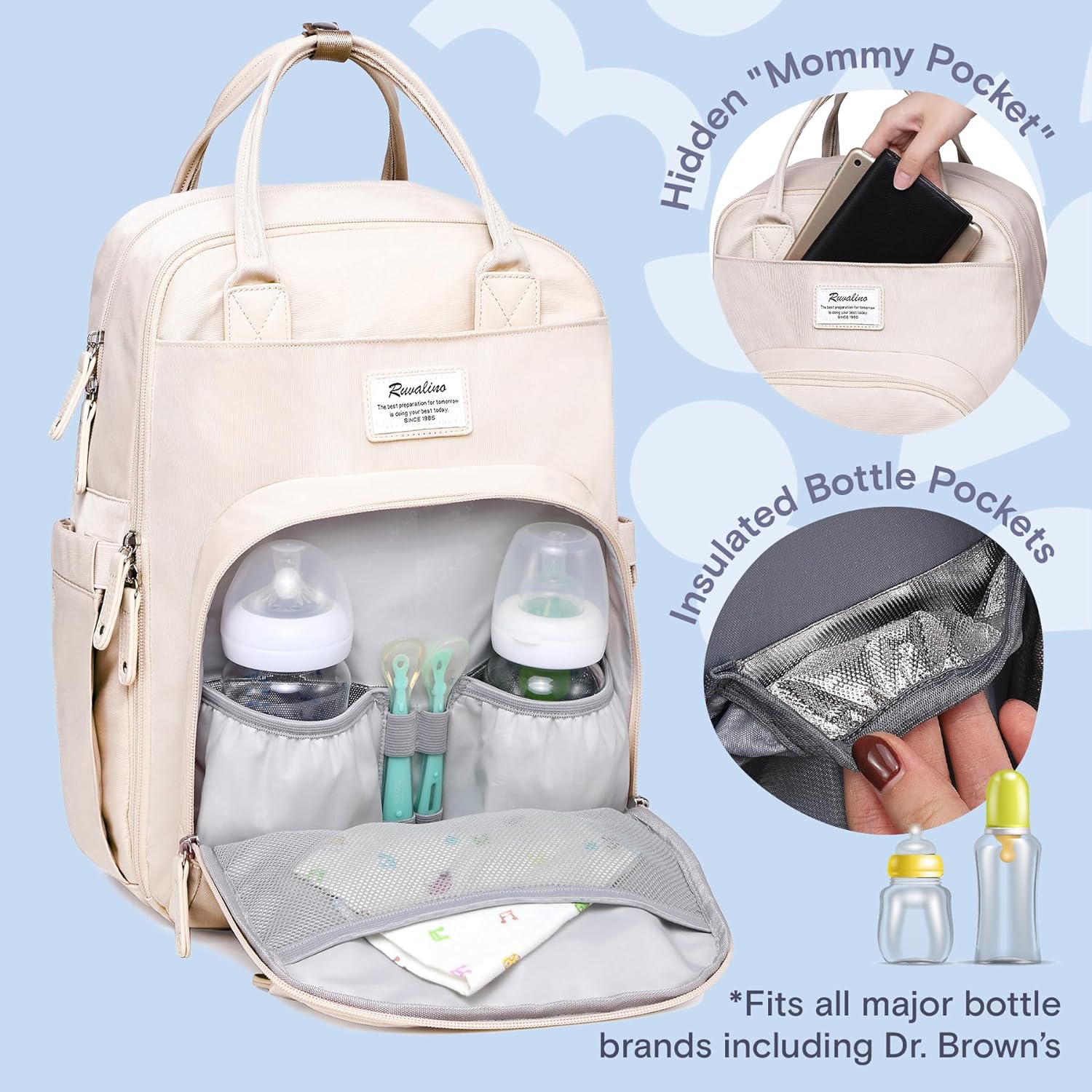 a beige backpack with bottles inside with text: 'RUVALINO Insulated *Fits all major bottle brands including Dr. Brown's'