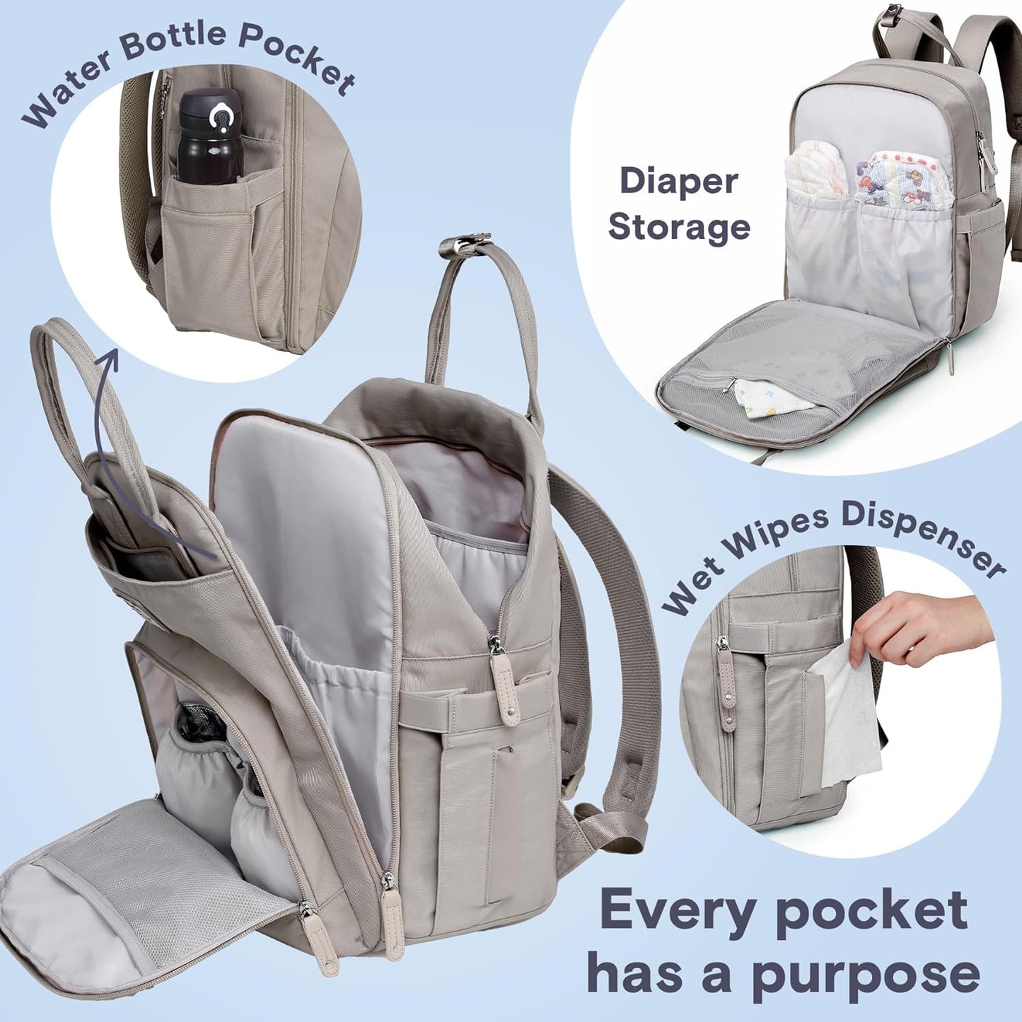 a clay diaper bag with different diapers with text: 'Water Bottle Pocket Diaper Storage Wet Wipes Dispenser Every pocket has a purpose'