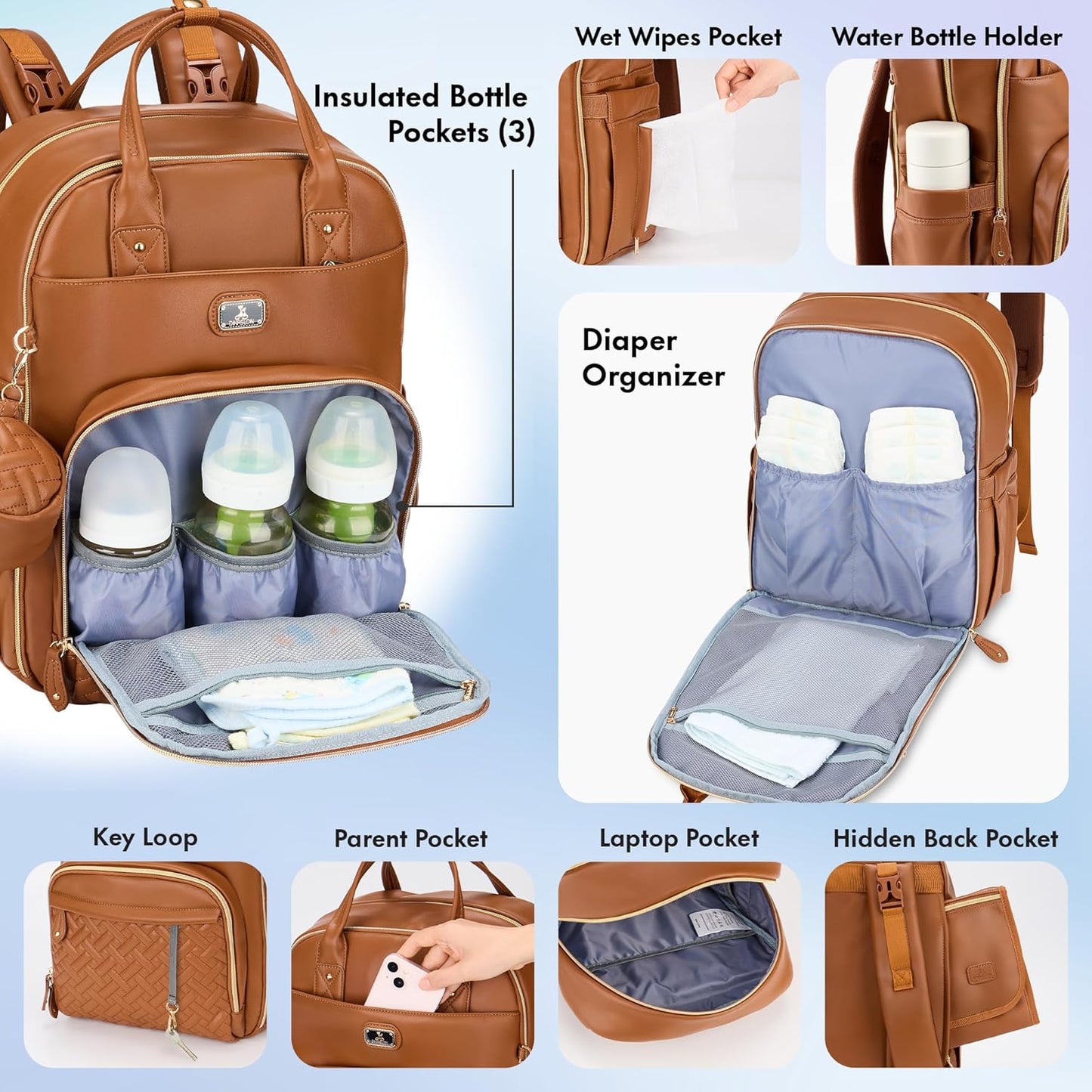 RUVALINO Boss Plus™ Large Diaper Bag Backpack with Portable Changing Pad, Pacifier Case and Stroller Straps