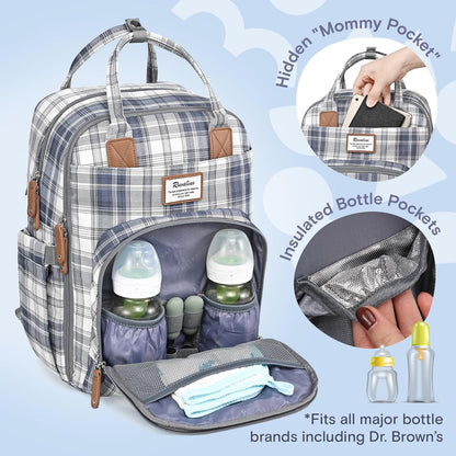 a blue plaid backpack with bottles inside with text: 'RUVALINO Insulated *Fits all major bottle brands including Dr. Brown's'