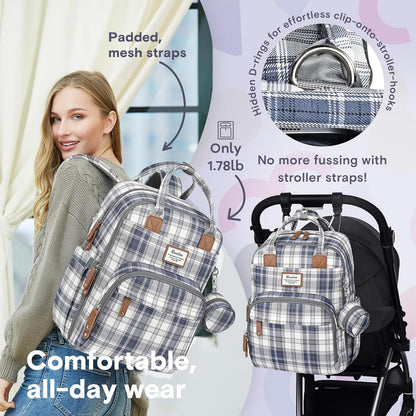 a person carrying a backpack with text: Padded, stroller-hooks mesh straps Hidden D-rings for Only 1.78lb No more fussing with stroller straps! Comfortable, all -day wear'