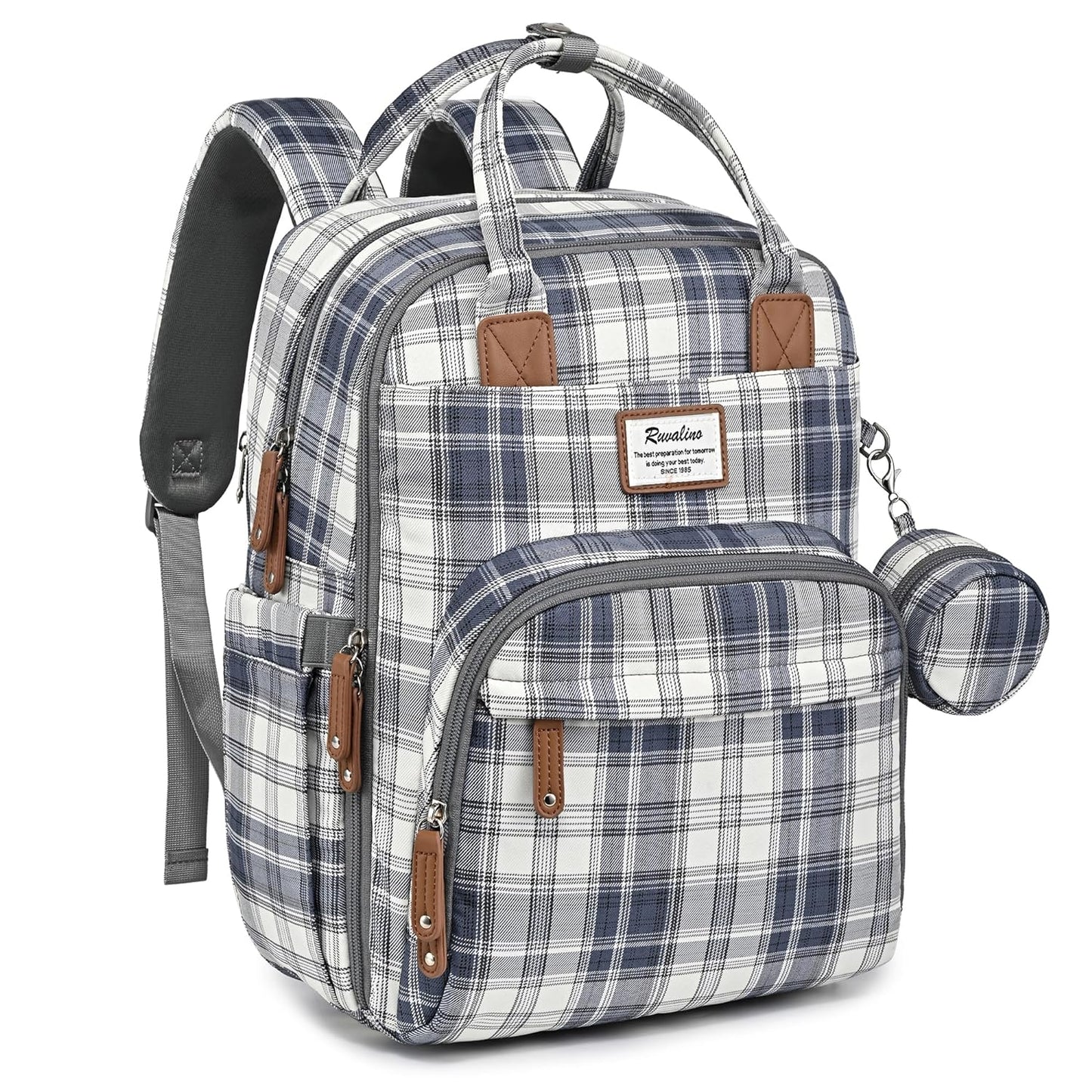 a blue plaid backpack with a small pouch