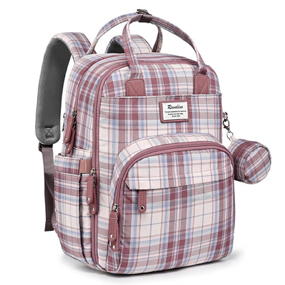 a pink plaid backpack with a small pouch