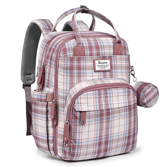 a pink plaid backpack with a small pouch