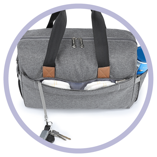 a gray tote bag with 1 outer zipper back pocket and key holding strap