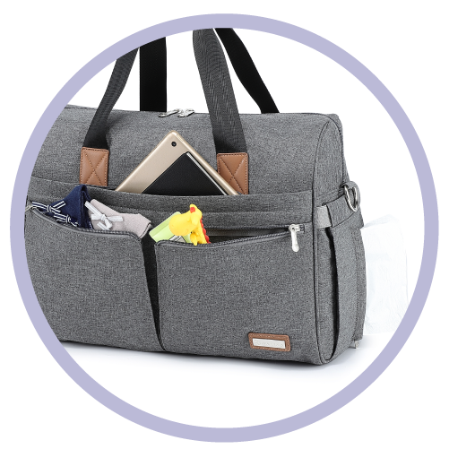 a gray tote bag with 2 outer front pockets and a hidden pocket near the top