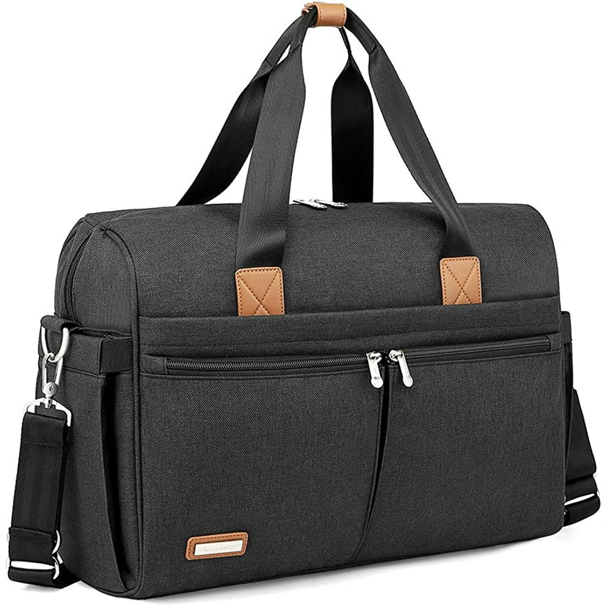 a black bag with brown handles