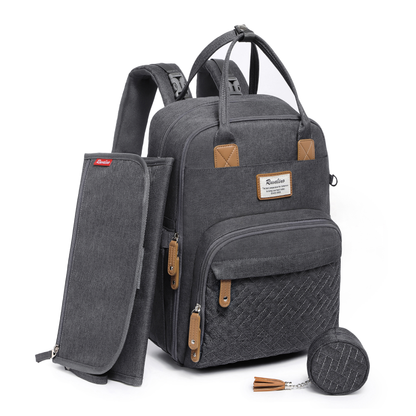 a grey backpack with a bag and a pouch with text: 'Ruvalino est for ur best today. SINCE 1985'