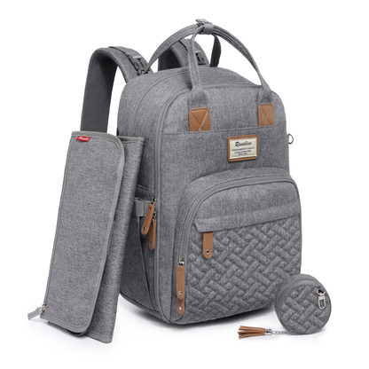 a grey backpack with a zippered pouch with text: 'D bestpreparation for is doing your SINCE 1985'