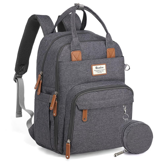 a grey backpack with brown straps