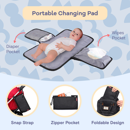 a baby lying on a diaper with text: 'Portable Changing Pad Wipes Pocket Diaper Pocket .. Snap Strap Zipper Pocket Foldable Design'