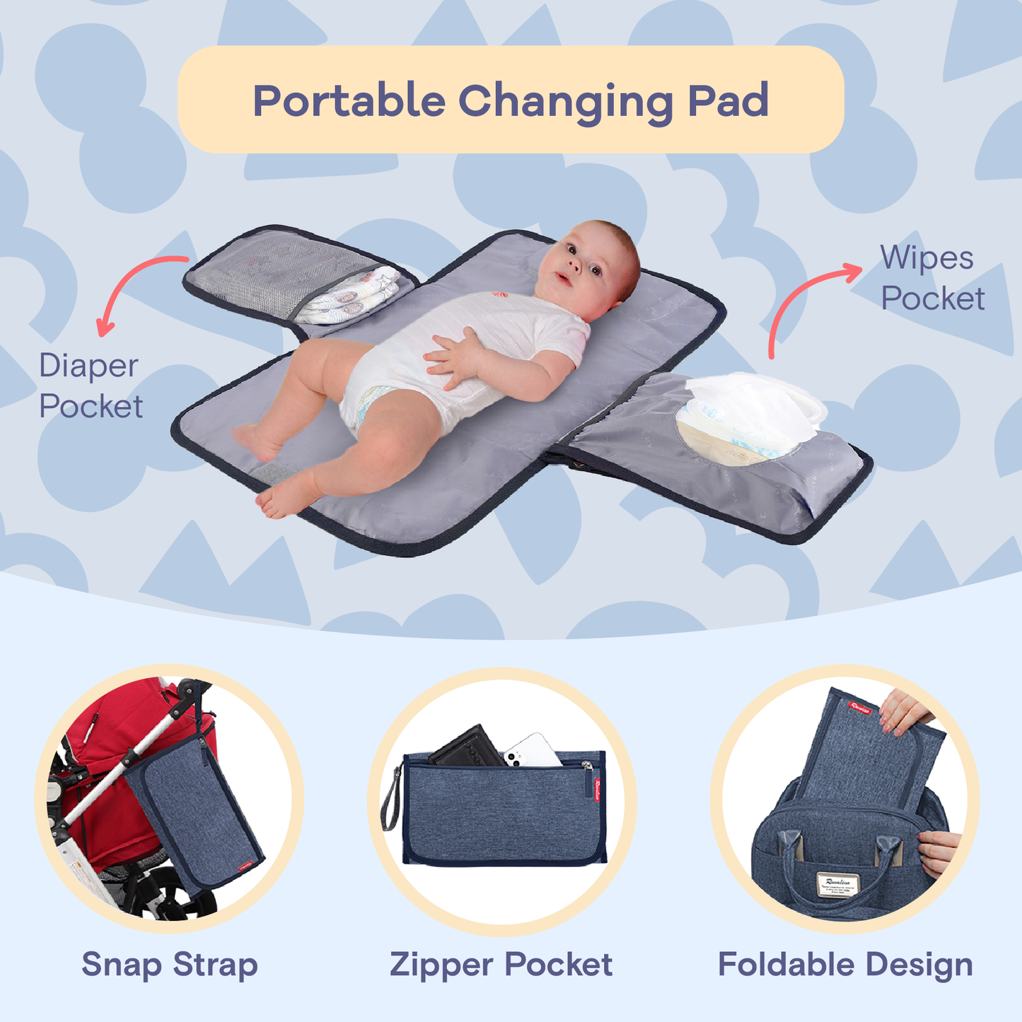 a baby lying on a portable changing pad with text: 'Portable Changing Pad Wipes Pocket Diaper Pocket Snap Strap Zipper Pocket Foldable Design'