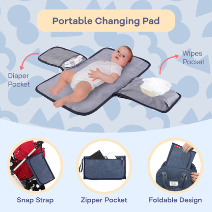 a baby lying on a portable changing pad with text: 'Portable Changing Pad Wipes Pocket Diaper Pocket Snap Strap Zipper Pocket Foldable Design'