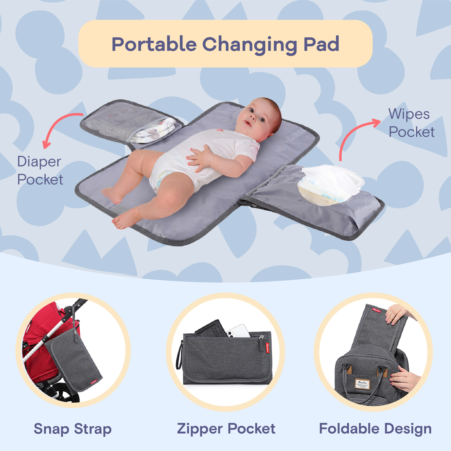 a baby lying on a portable changing pad with text: 'Portable Changing Pad Wipes Pocket Diaper Pocket Snap Strap Zipper Pocket Foldable Design'