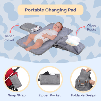 a baby lying on a diaper with text: 'Portable Changing Pad Wipes Pocket Diaper Pocket Snap Strap Zipper Pocket Foldable Design'