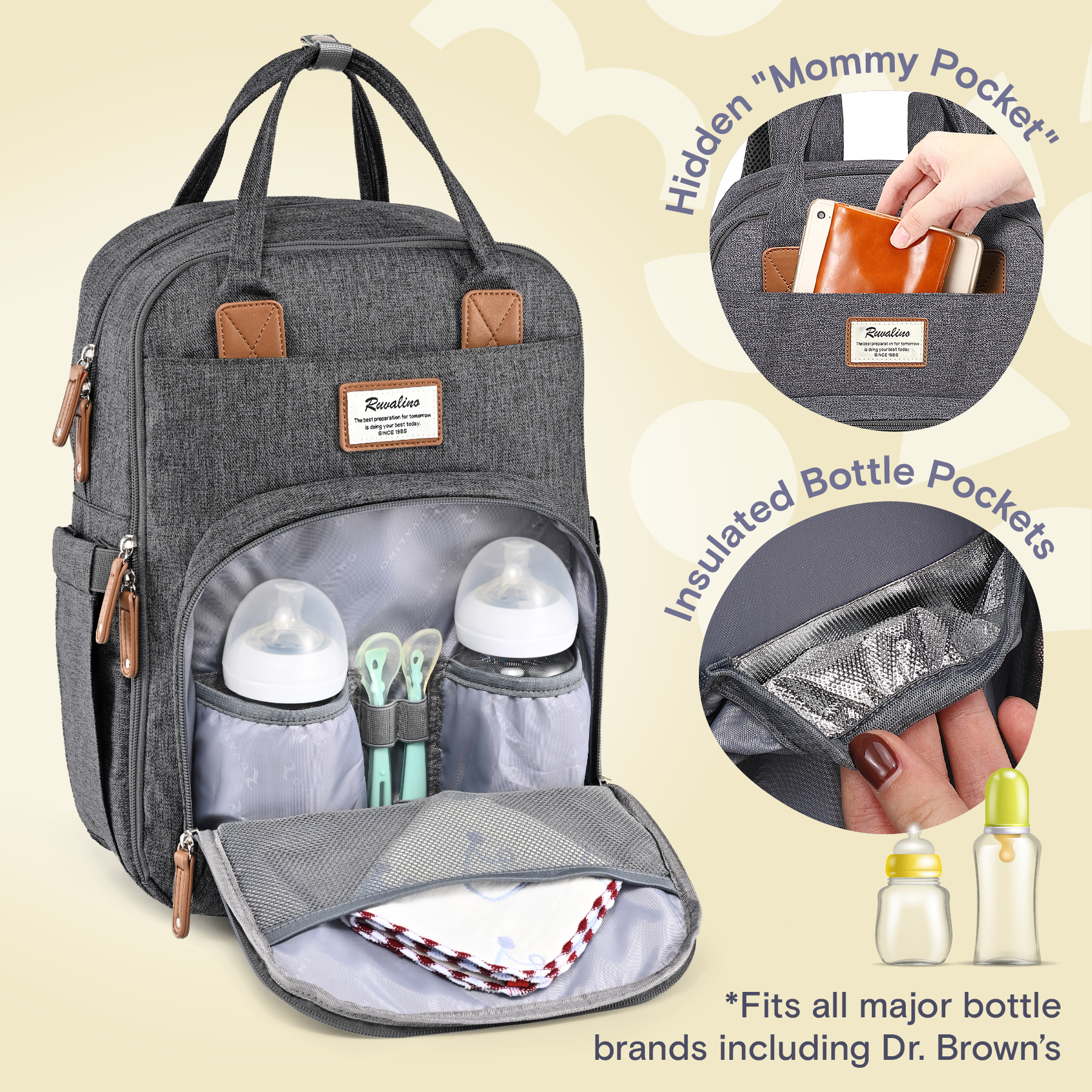 a grey diaper bag with bottles and baby bottles inside with text: 'Hidden "M Ruvalino Ruvalino best for is doing your best today. Insulated B *Fits all major bottle brands including Dr. Brown's'