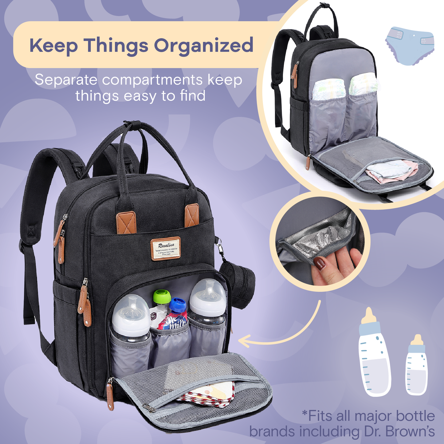 a black backpack with a baby bottle inside with text: 'Keep Things Organized Separate compartments keep things easy to find *Fits all major bottle brands including Dr. Brown's'