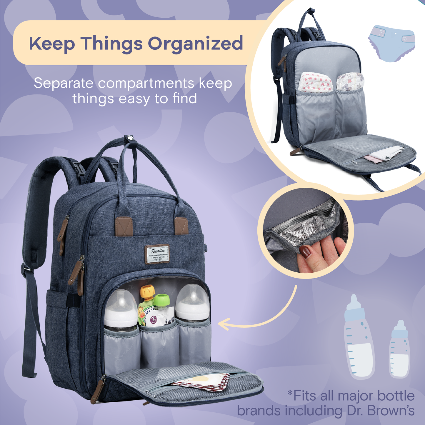 a baby backpack with bottles inside with text: 'Keep Things Organized Separate compartments keep things easy to find - . . *Fits all major bottle brands including Dr. Brown's'