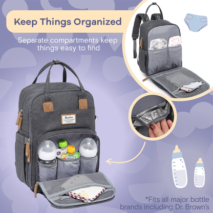 a bag with baby items inside with text: ': Keep Things Organized Separate compartments keep things easy to find - *Fits all major bottle brands including Dr. Brown's'