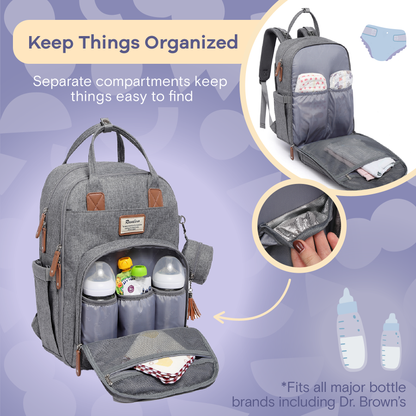 a grey backpack with baby bottles inside with text: 'Keep Things Organized Separate compartments keep things easy to find - . . *Fits all major bottle brands including Dr. Brown's'