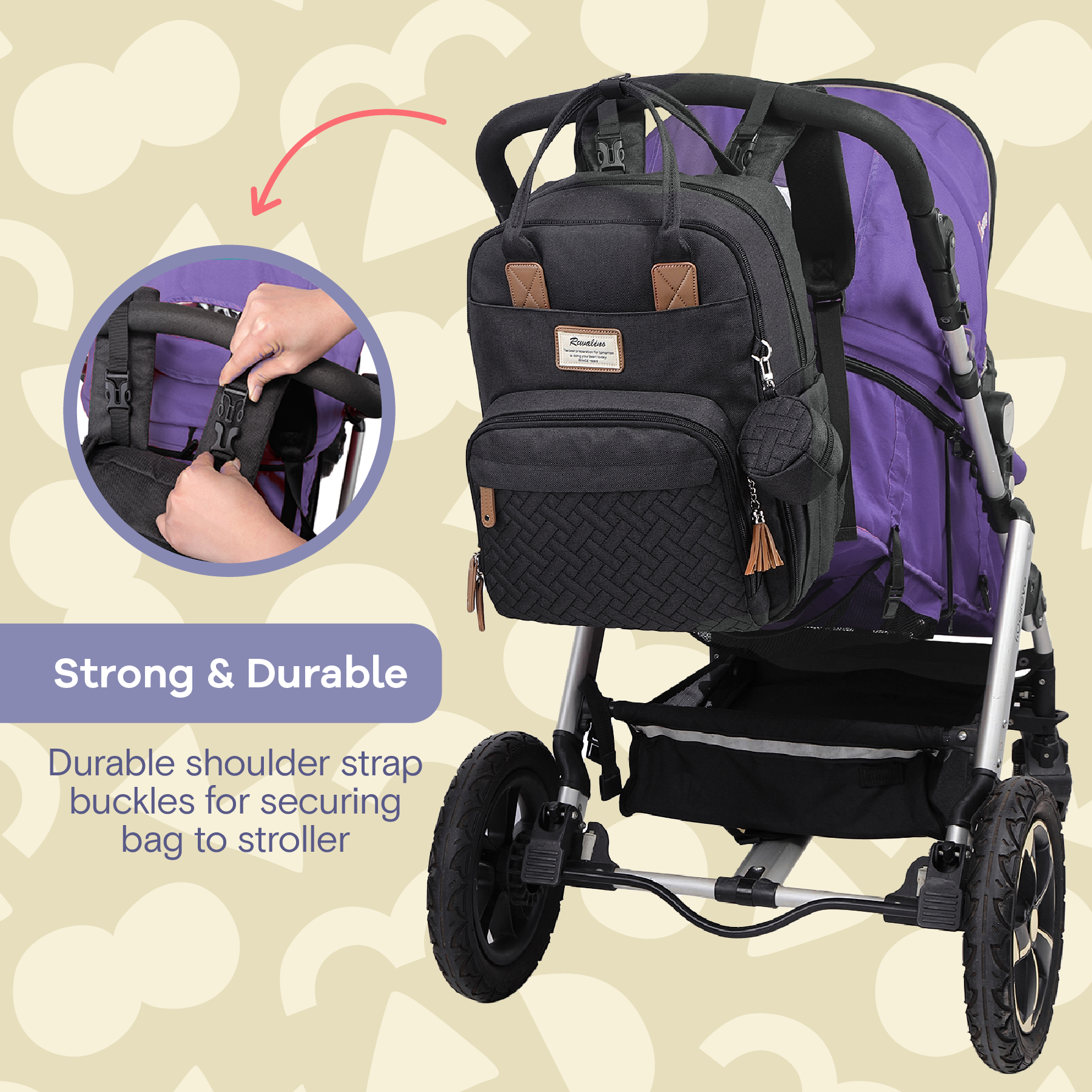 a purple and black stroller with a black backpack with text: 'Strong & Durable Durable shoulder strap buckles for securing bag to stroller'