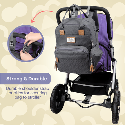 a close up of a backpack with text: 'Strong & Durable Durable shoulder strap buckles for securing bag to stroller'