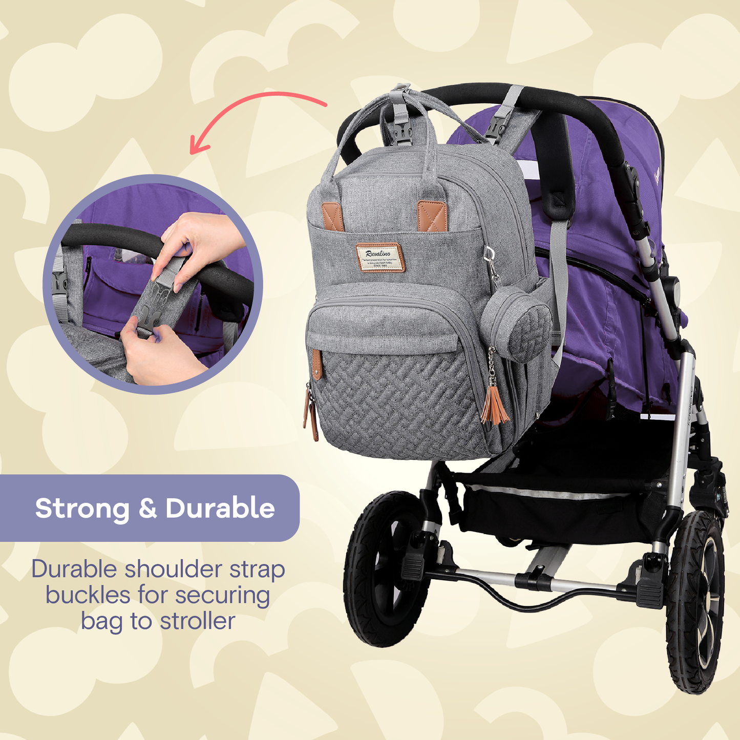 a baby stroller with a backpack with text: 'Strong & Durable Durable shoulder strap buckles for securing bag to stroller'