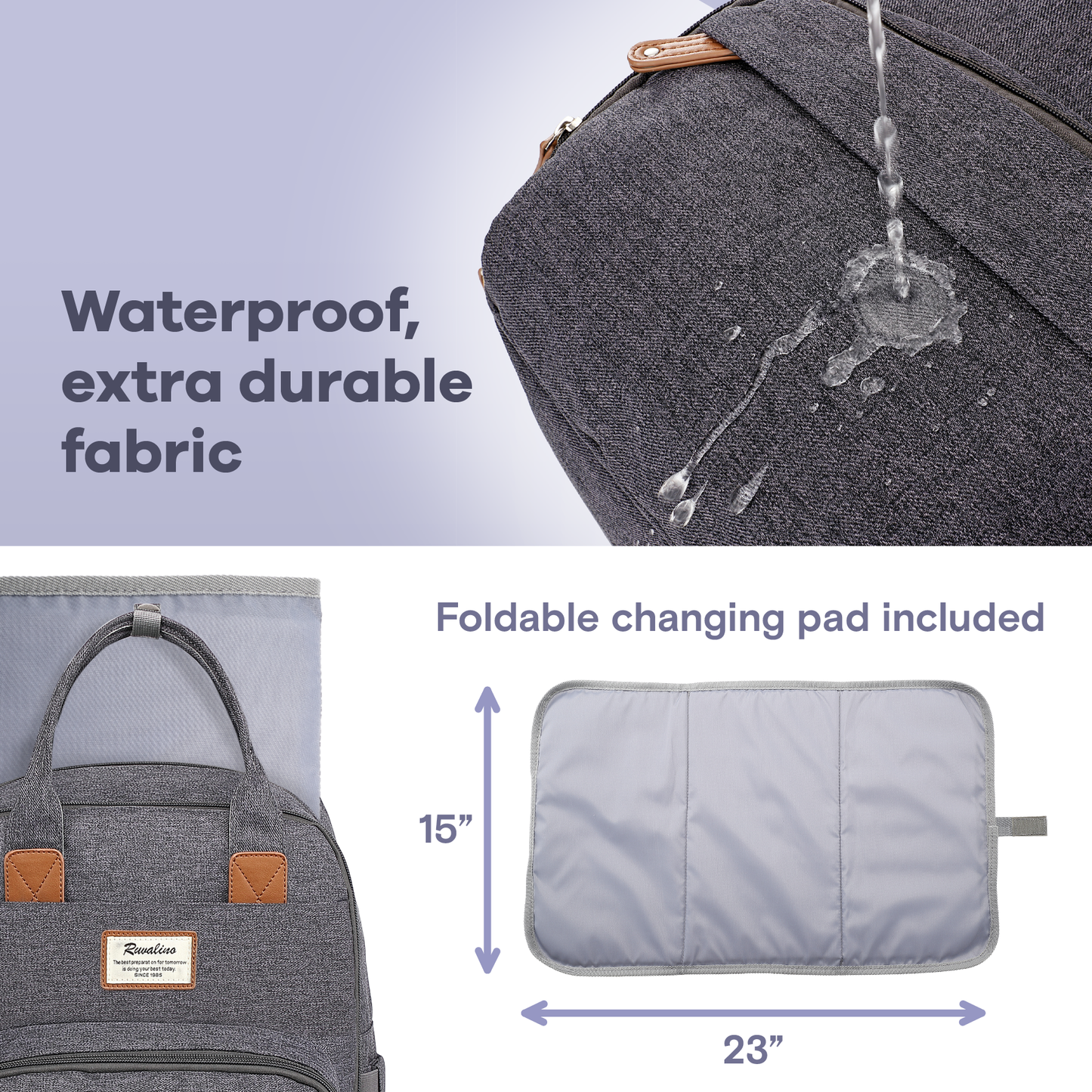 a close up of a bag with text: 'Waterproof, extra durable fabric Foldable changing pad included 15" ist preparat on for tomorro is doing your'