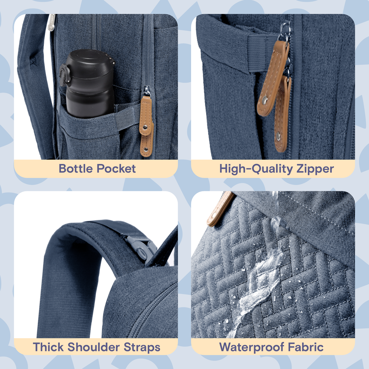 a collage of different types of zippers with text: 'Bottle Pocket High-Quality Zipper Thick Shoulder Straps Waterproof Fabric'