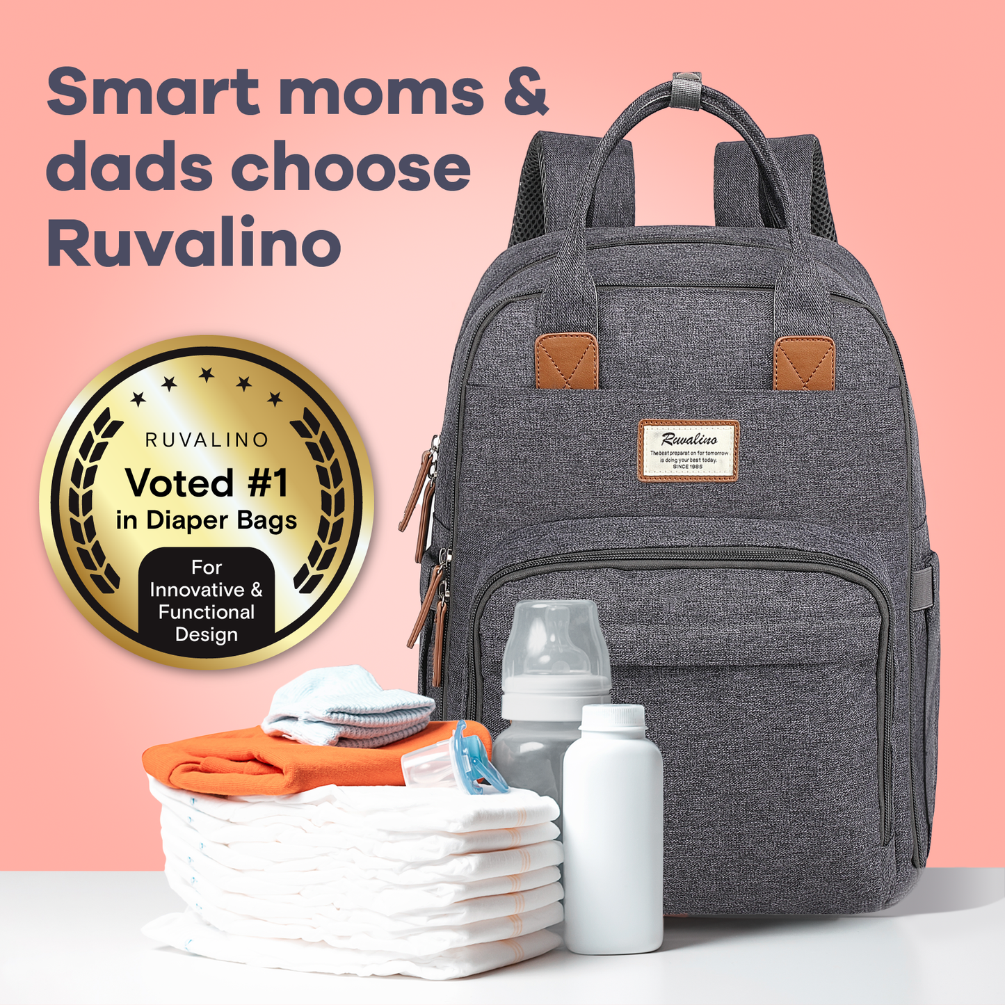 a backpack with diapers and baby items with text: 'Smart moms & dads choose Ruvalino RUVALINO best preparat on for tomorrow best today. is doing your best Voted #1 in Diaper Bags For Innovative & Functional Design'