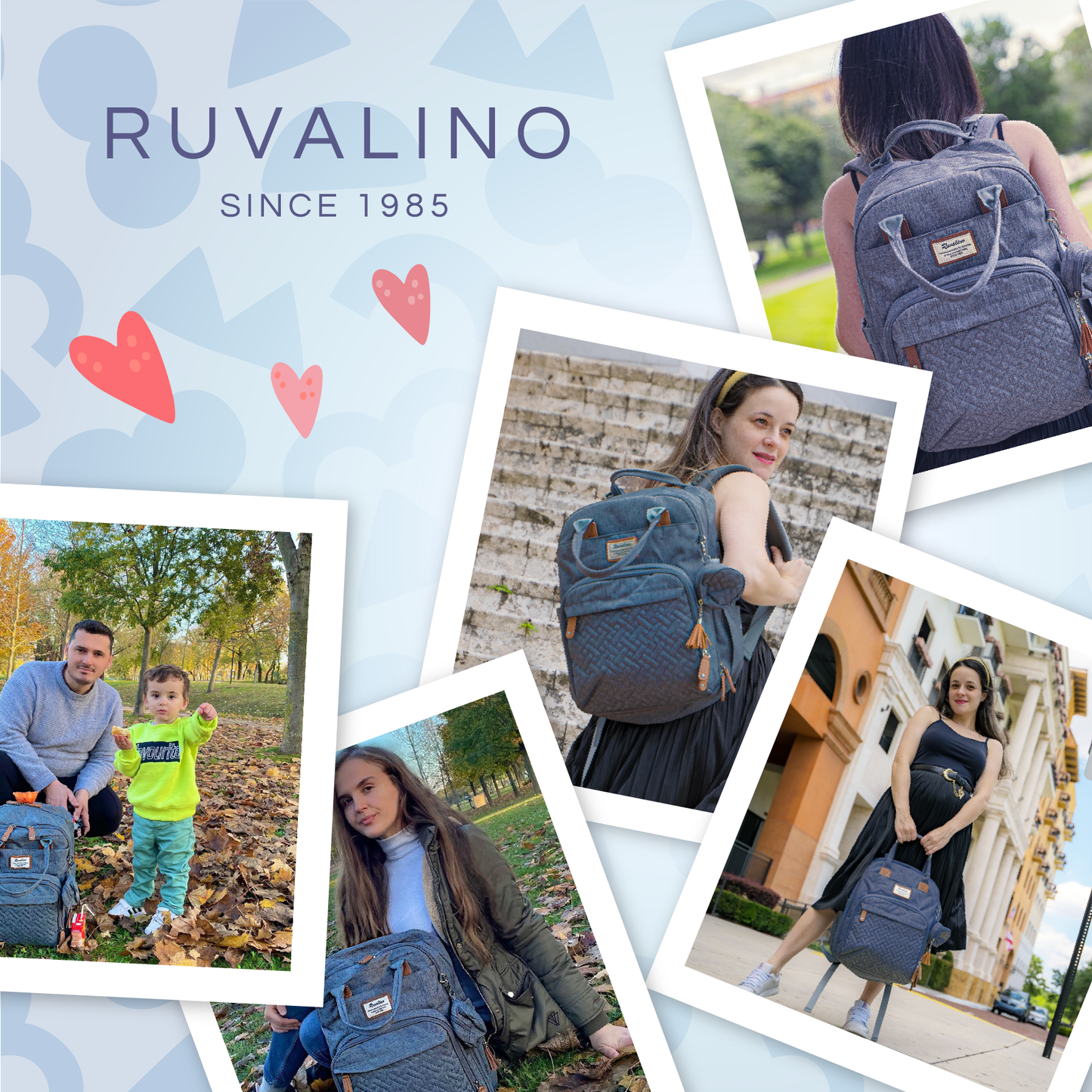 a collage of photos of a person and a child with text: 'RUVALINO SINCE 1985 .'