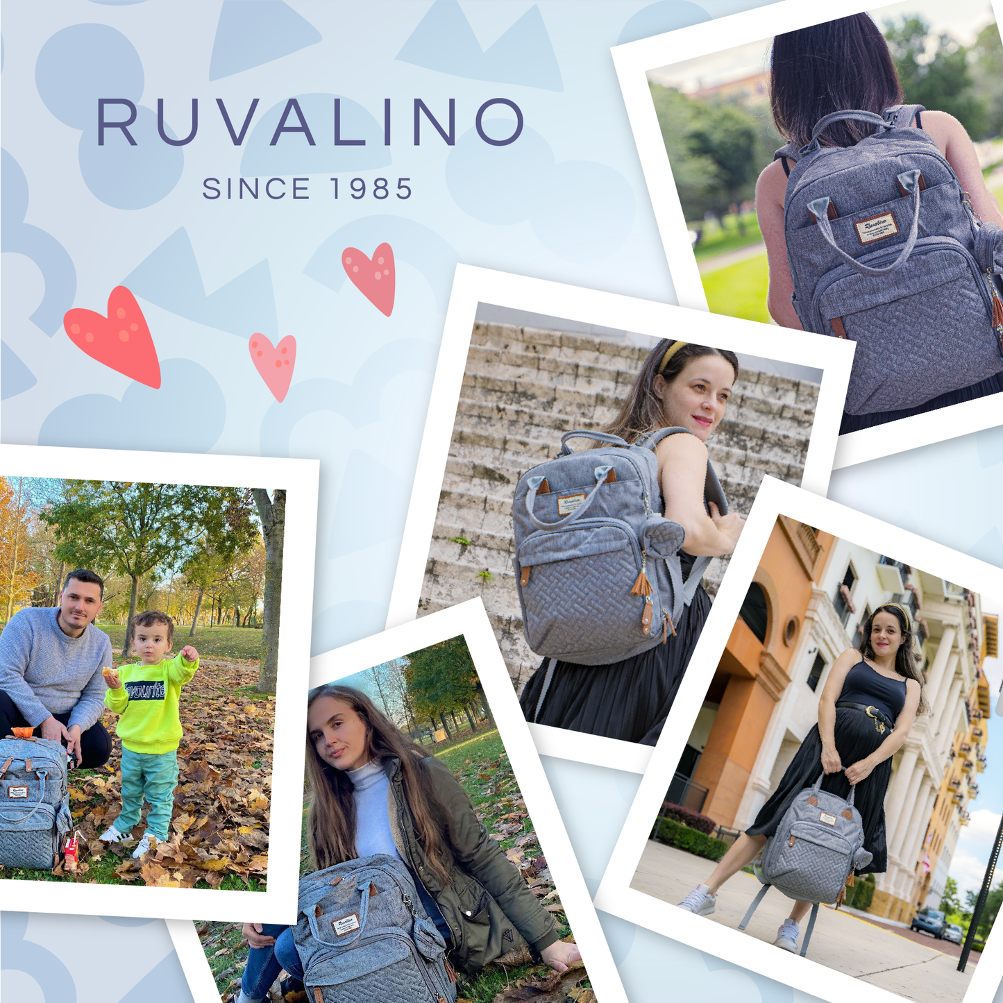 a collage of photos of a person and a child with text: 'RUVALINO SINCE 1985'