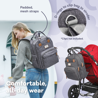 a person carrying a backpack with text: 'Padded, bag to mesh straps stroller D-rings to *Clips not included. Comfortable, all- day wear'