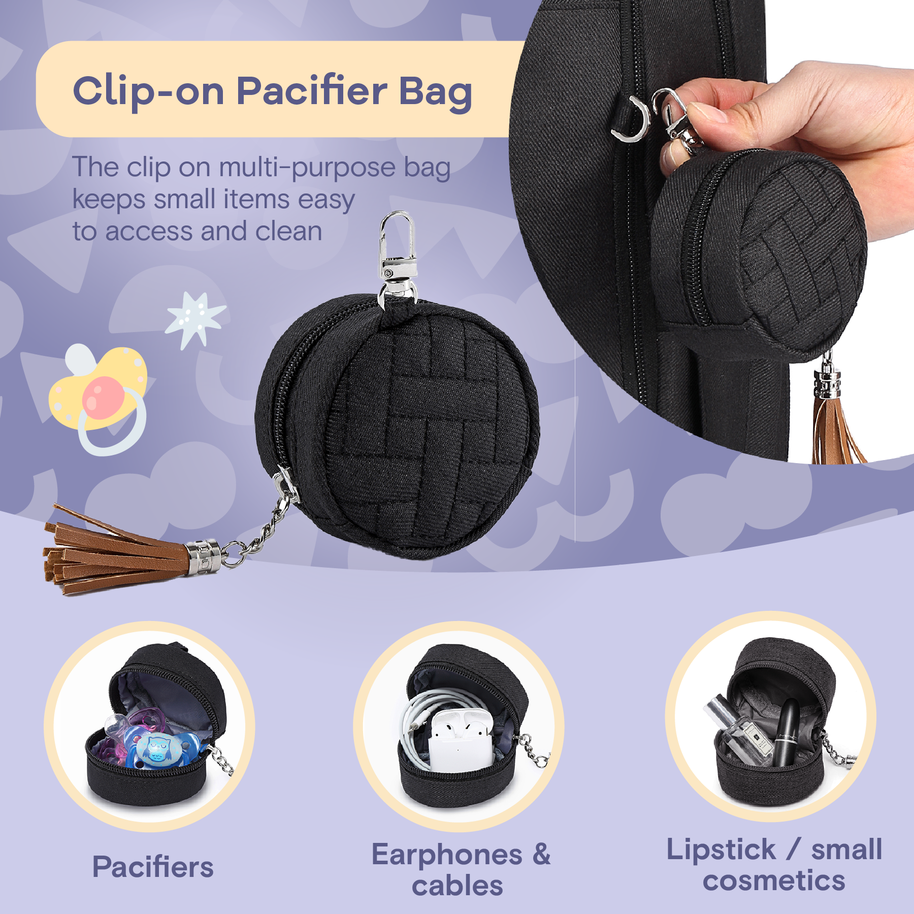 a close up of a bag with text: 'Clip-on Pacifier Bag The clip on multi-purpose bag keeps small items easy to access and clean Pacifiers Earphones & Lipstick / small cables cosmetics'