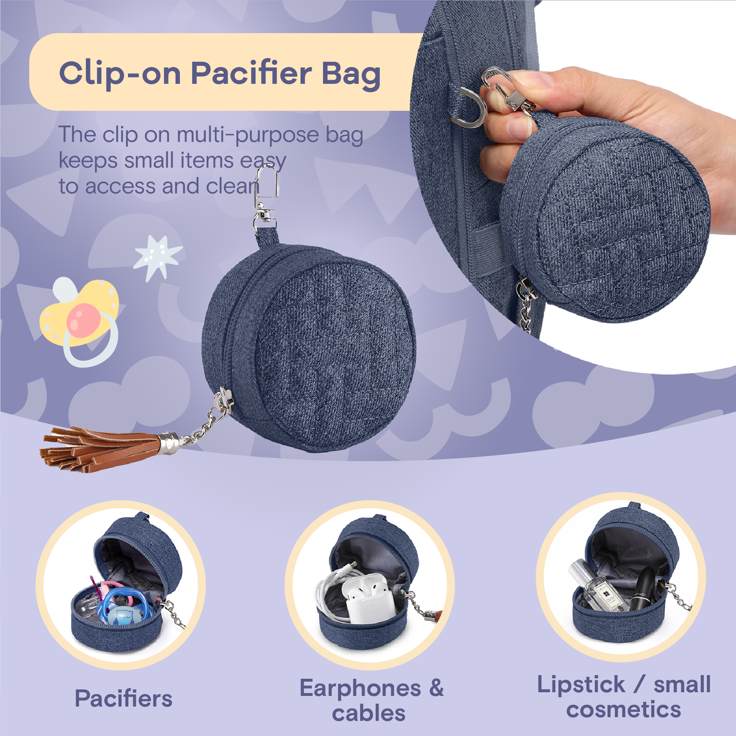 a hand holding a small blue bag with text: 'Clip-on Pacifier Bag The clip on multi-purpose bag keeps small items to access and Pacifiers Earphones & Lipstick / small cables cosmetics'