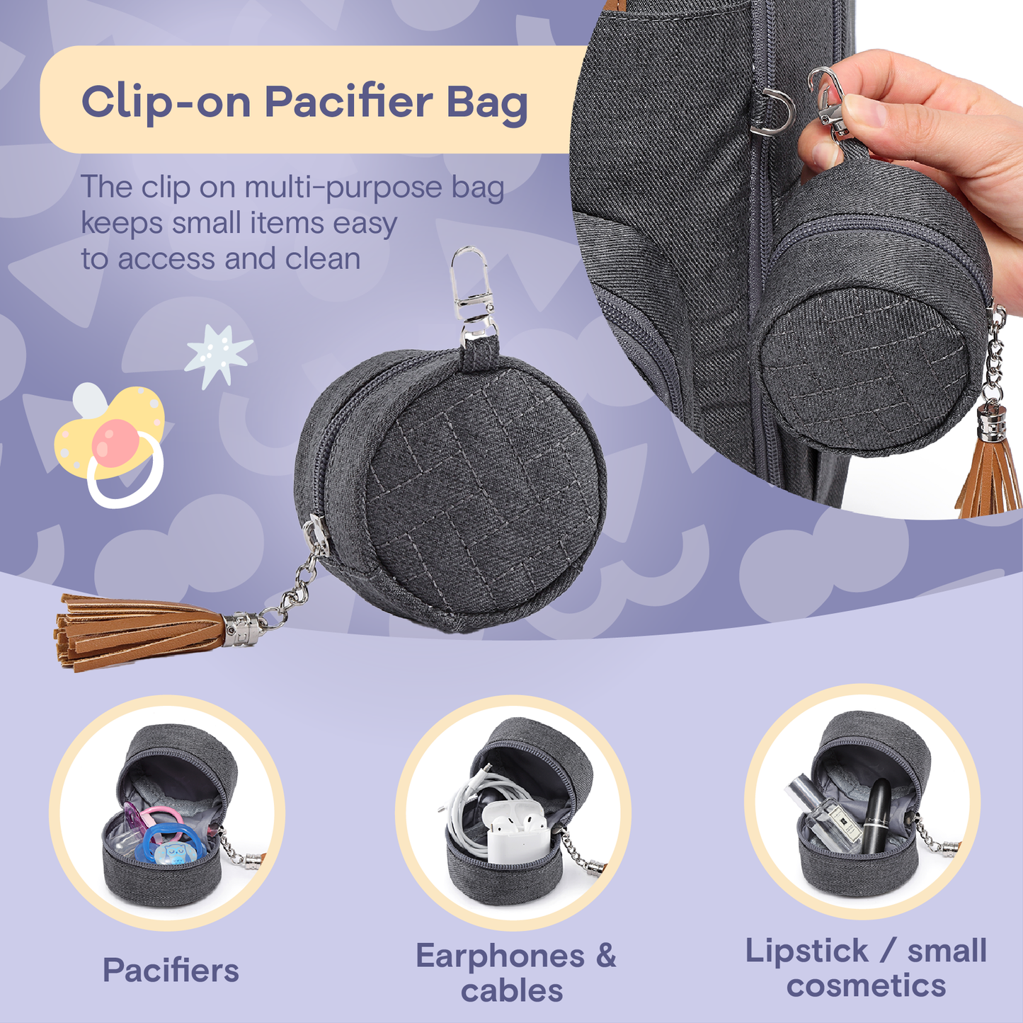 a close up of a bag with text: 'Clip-on Pacifier Bag The clip on multi-purpose bag keeps small items easy to access and clean Pacifiers Earphones & Lipstick / small cables cosmetics'