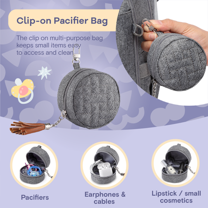 a close up of a bag with text: 'Clip-on Pacifier Bag The clip on multi-purpose bag keeps small items easy to access and clean Pacifiers Earphones & Lipstick / small cables cosmetics'