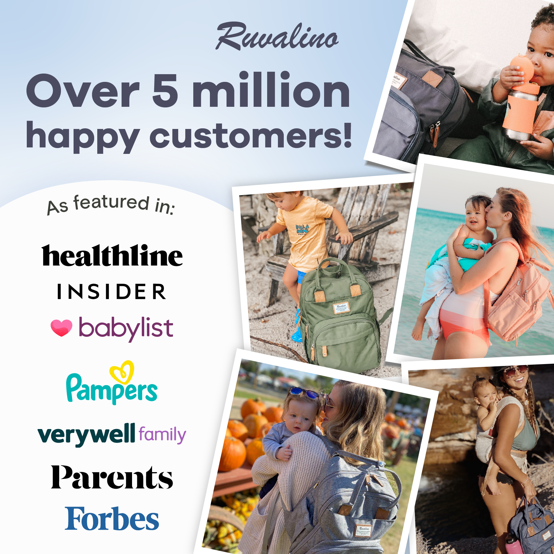 a collage of photos of people and text with text: 'Ruvalino Over 5 million happy customers! As featured in: healthline INSIDER babylist Pampers verywell family Parents Forbes'