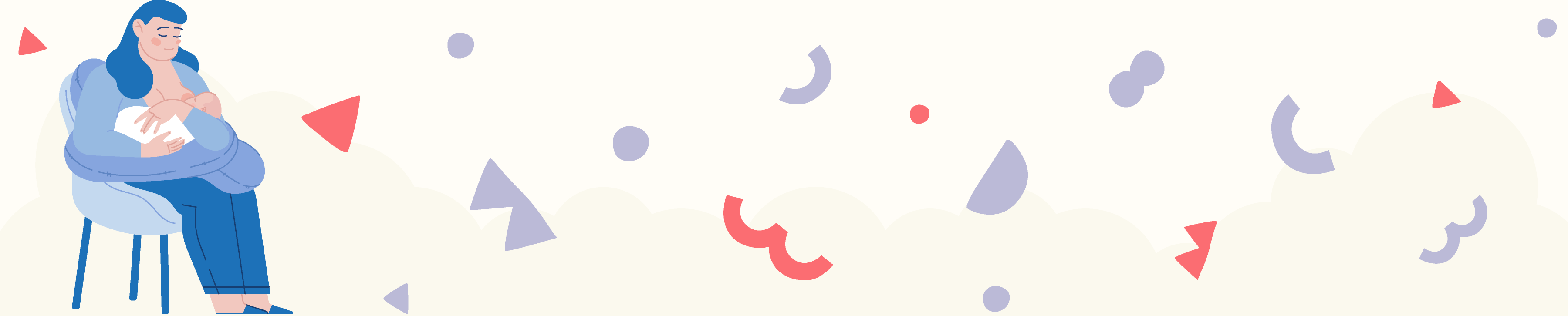 illustration of a mom breastfeeding a baby with red and purple shapes floating in background 