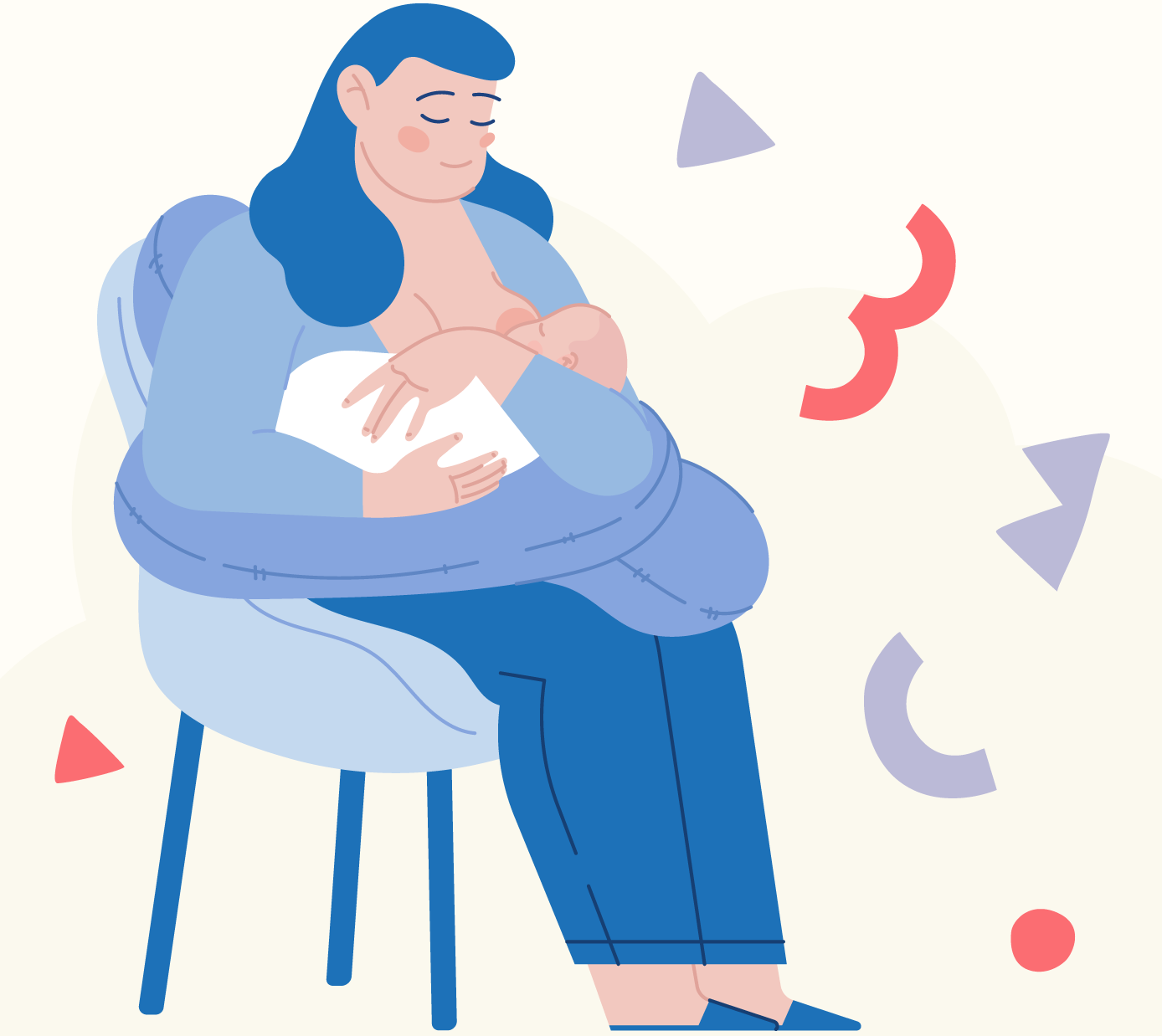 illustration of a mom breastfeeding a baby with red and purple shapes floating in background 