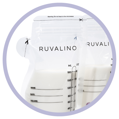 2 clear breast milk storing bags with 'ruvalino' logo