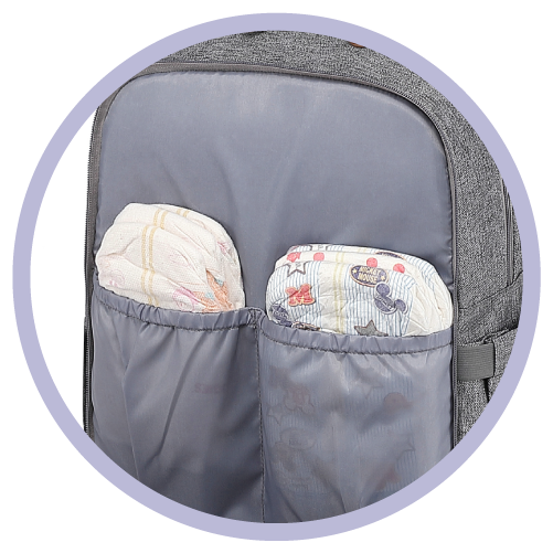 clean diapers placed inside of diaper pockets inside a gray backpack