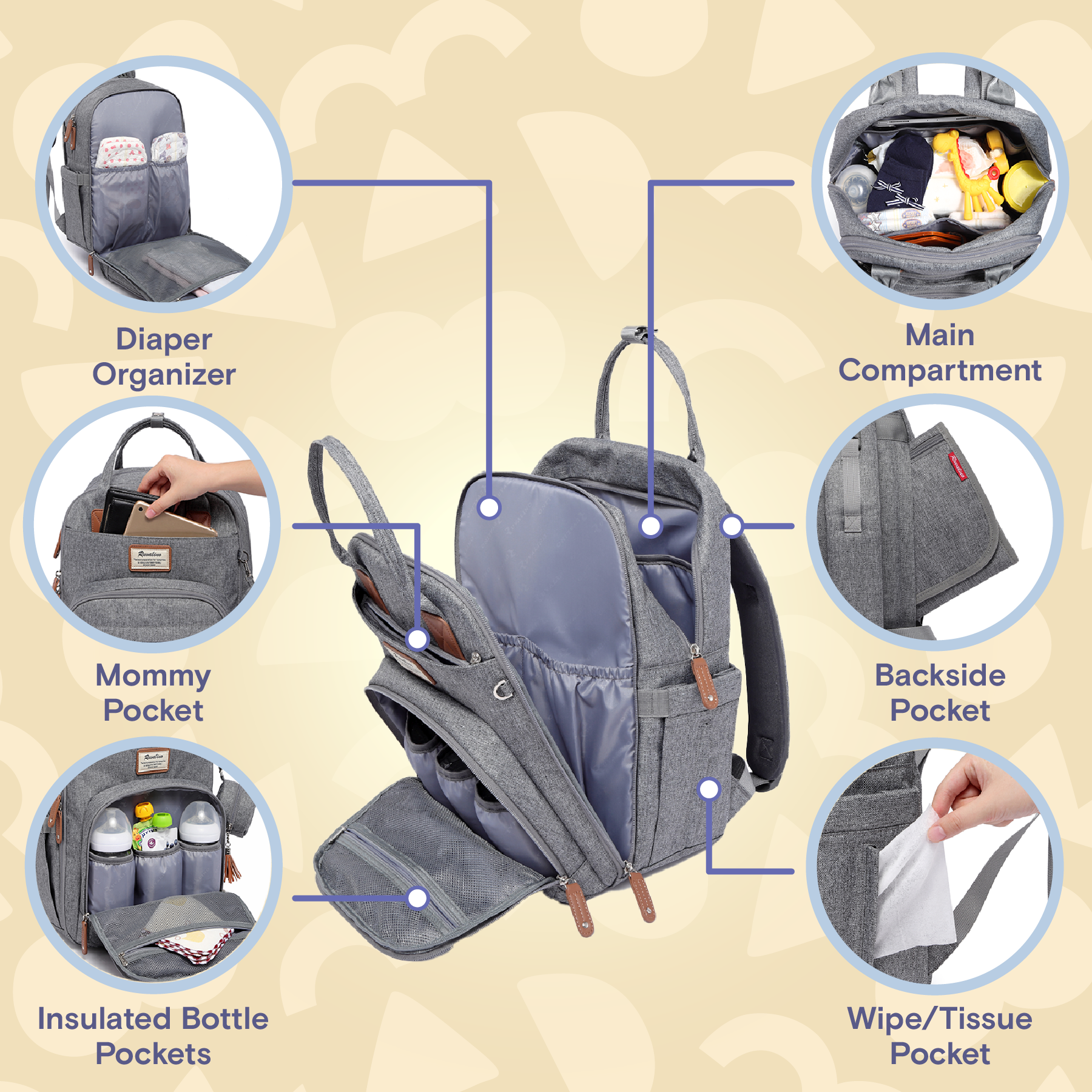 Ruvalino Neutral All-in-One Baby Bags - Light Gray product view 21