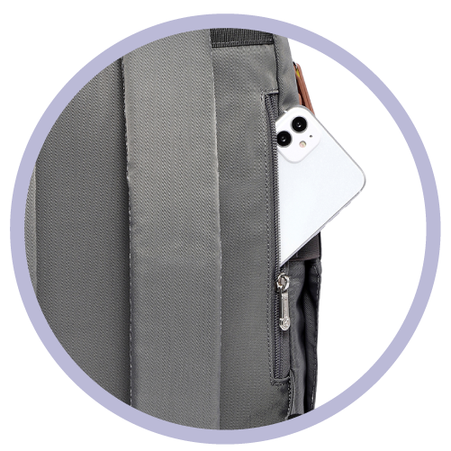 a white iphone poking out of the side pocket of a gray backpack