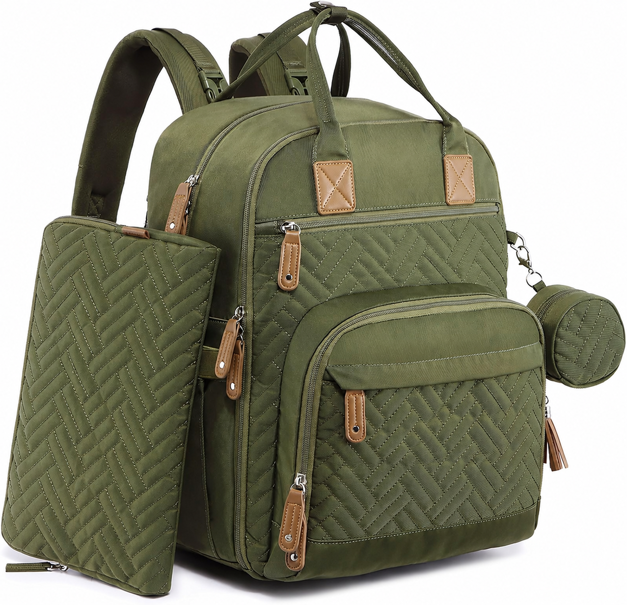 Army Green diaper backpack with matching diaper pouch and pacifier case