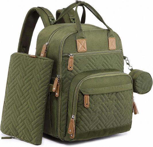 Army Green diaper backpack with matching diaper pouch and pacifier case