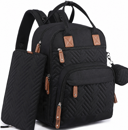 Black diaper backpack with matching diaper pouch and pacifier case