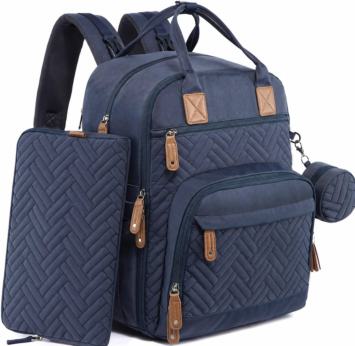 Blue diaper backpack with matching diaper pouch and pacifier case