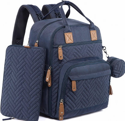 Blue diaper backpack with matching diaper pouch and pacifier case